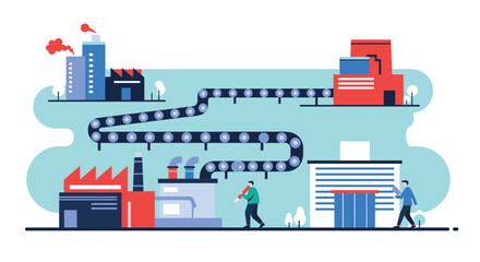 Obraz premium Modern automated factory production process showing a conveyor belt system, warehouses and workers on the line.