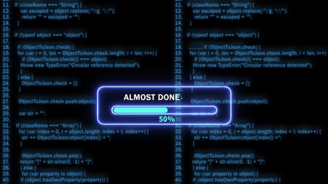 Dynamic progress loading bar animation overlaid on scrolling software source code background, for modern tech, projects, digital interface, cyber security concepts, and computer programming themes
