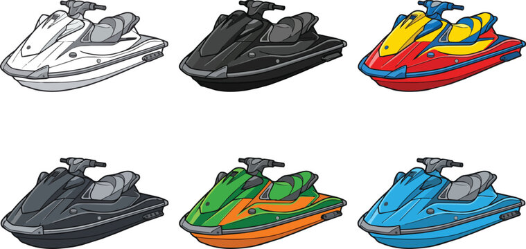 Colorful jet ski watercraft collection set rendered as a flat vector graphic on transparent background