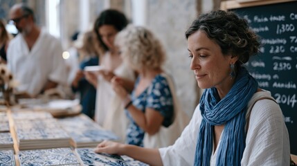 Obraz premium Woman Choosing Handmade Ceramic Tiles at Traditional Craft Market During Cultural Travel Experience