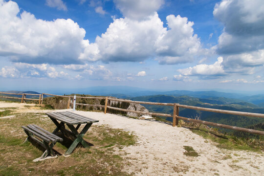 Bench in nature mountain landscape