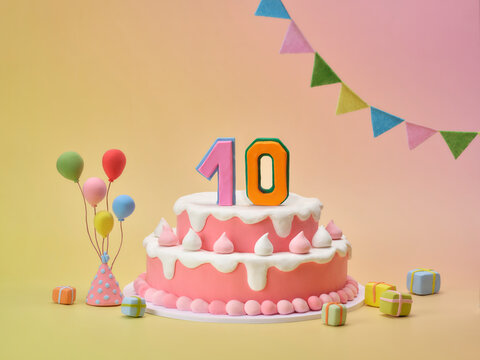 A festive two-tiered birthday cake decorated with number 10