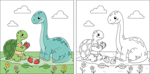 Cute Cartoon Turtle Offering Strawberries to a Brontosaurus Dinosaur in a Grassy Field © Dewan