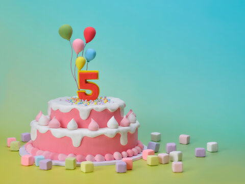 Two-tiered pink birthday cake with number 5 and balloons