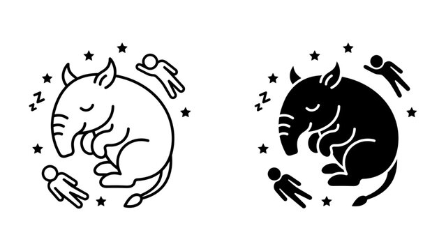 Sleeping Giant with Tiny Humans: A stylized illustration depicts a gentle giant, possibly a tapir or anteater, sleeping peacefully surrounded by tiny human figures and stars.
