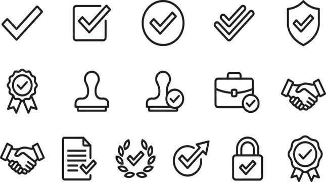 Approval and quality check mark icons. linear style vector set on transparent background.