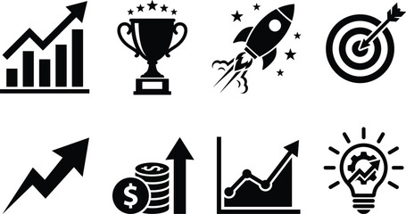 Fototapeta premium Business growth and financial success icon set featuring development charts trophy rocket target and innovative ideas