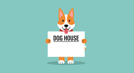 Obraz premium Cute corgi dog holding a blank sign with dog house text against a solid teal background with empty copy space.