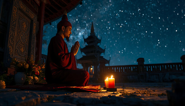 Monk sits in a meditative prayer position at night while candles glow near a traditional temple gate.