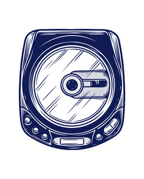Retro portable CD player. Hand-drawn ink illustration. 90s nostalgia music gear. For t-shirt print or apparel. Ideal for stickers and posters.