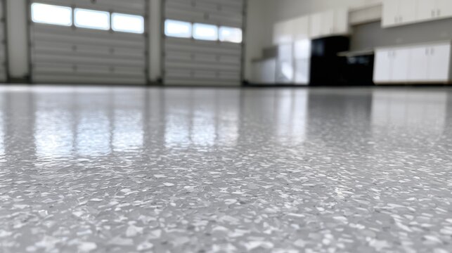 Glossy epoxy flake garage floor coating in a modern home interior