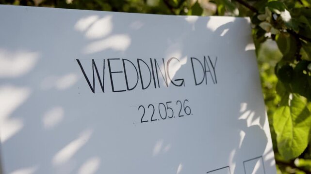 Close up of wedding welcome sign on canvas showing WEDDING DAY and date. Outdoor seating chart display placed in sunny garden wedding setting.