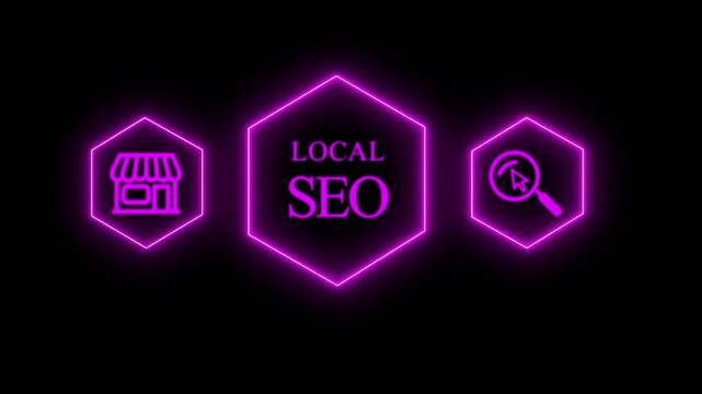 Local SEO strategy concept with neon hexagon digital marketing and search engine optimization for business growth and online visibility, 4k video.