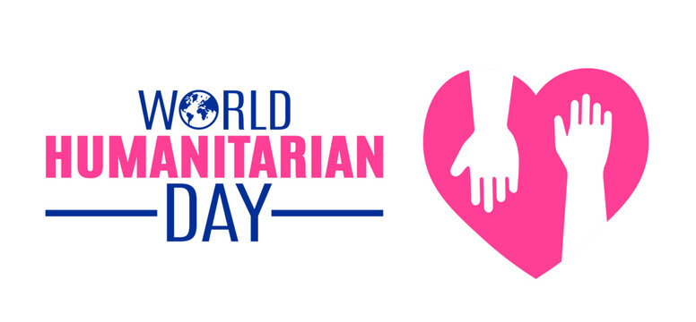World Humanitarian Day banner vector template with a pink heart icon containing two white hands holding or reaching out, creative typography with a mini globe icon, on a clean white background