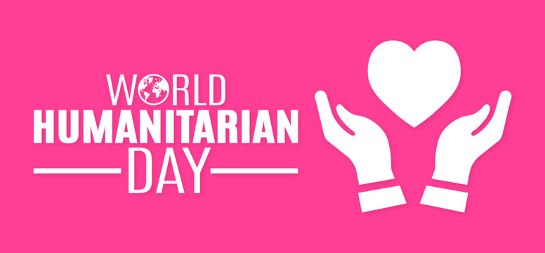 World Humanitarian Day banner vector template with white hands gently cupping a heart shape icon, clean white typography containing a mini globe graphic on a solid pink background