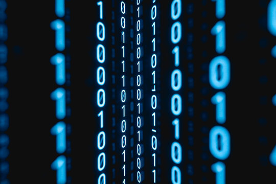 Glowing binary code streams show digital data transmission and information processing in a tech interface.
