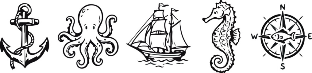 Nautical Icons Set Anchor Octopus Ship Seahorse Compass Vector © Vector 4 You