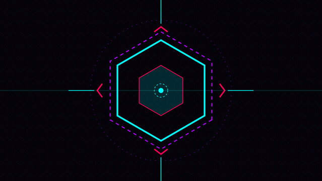 Neon glowing blue hexagon target HUD interface for cyberpunk gaming UI and futuristic dashboard