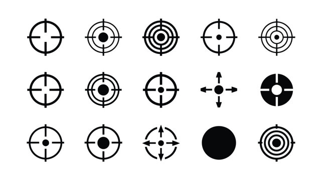 Crosshair and target icon set featuring gun sight bullseye aim optical scope pointer and hunting rifle range vector symbols