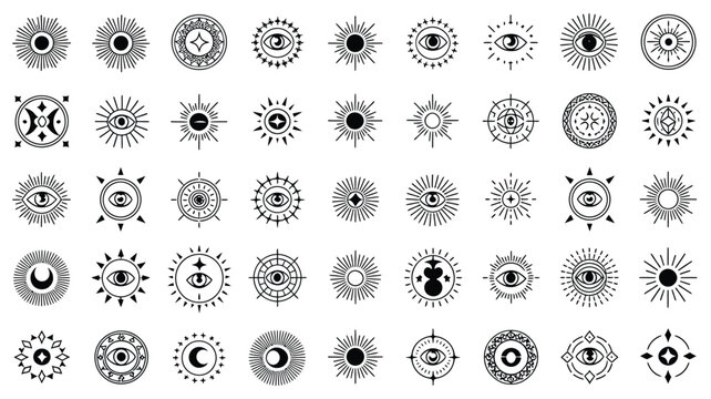 Mystic sun and evil eye symbols collection featuring celestial moon stars sacred geometry esoteric and occult line art vector illustrations
