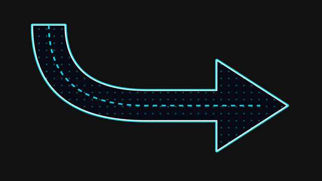 Cyberpunk neon cyan curved arrow for navigation direction workflow process and infographic design on transparent background