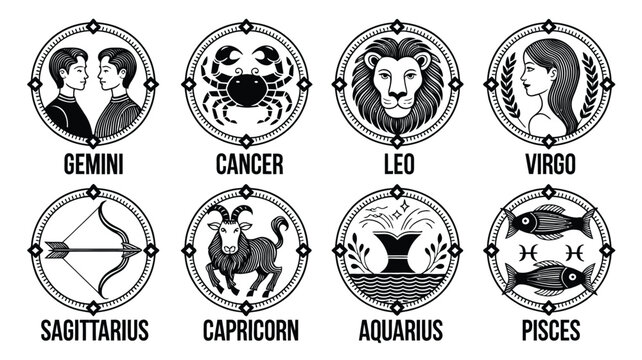 Zodiac signs set with engraving emblems of gemini cancer leo virgo sagittarius capricorn aquarius and pisces circle horoscope icons vector