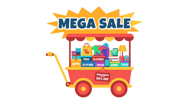 Illustration of a vibrant mega sale shopping cart filled with goods