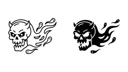 Devil Skull Icon Set: A striking set featuring two stylized devil skulls, one outlined in black and white and the other in solid black. © Azizunnahar