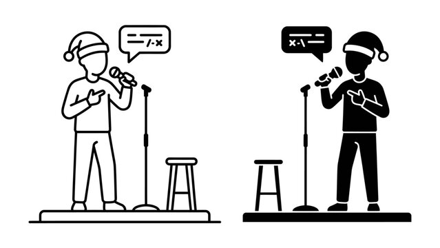 Comedy Night in Santa Hat: Two cartoon characters, one in outline and one in silhouette, wearing Santa hats and holding microphones, stand on a stage with a stool, performing a comedy routine.