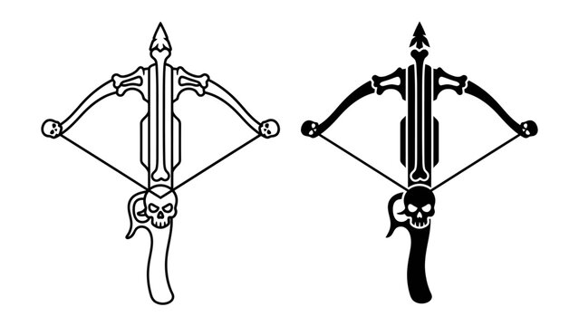 Two styles of crossbow weapon, one outlined and one silhouetted, both featuring a skull motif on the handle. These graphic representations are ideal for themes of danger, fantasy, or medieval warfare.