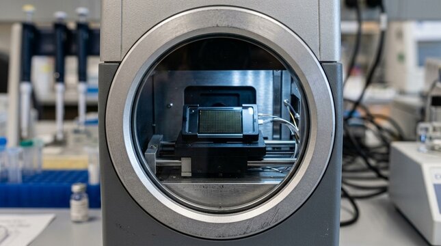 Benchtop genotyping array scanner with a small microarray chip loaded inside
