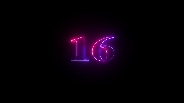 Animated neon number 16. Two-color looping trendy glowing neon numeric number Sixteen. Educational mathematics concept with neon letter