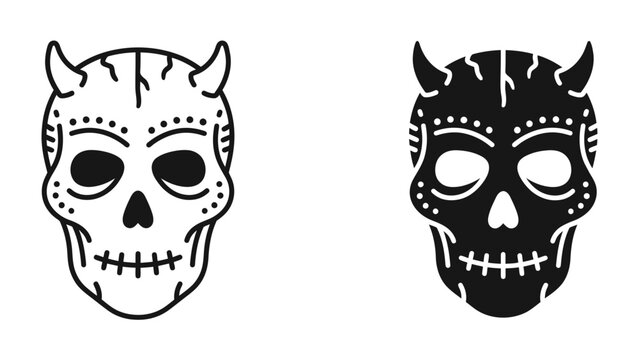 Day of the Dead Skulls: Two stylized skulls with devil horns and intricate decorative patterns, one in black and white outline and the other in solid black.