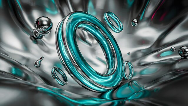 Abstract Digital Art Image of Turquoise Metallic Ring and Spheres Moving Through Fluid