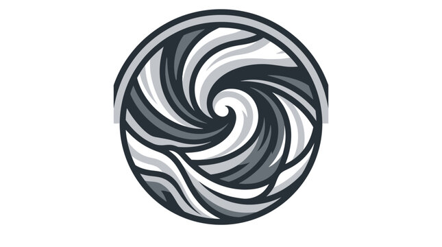 Bold circular vortex swirl logo element.