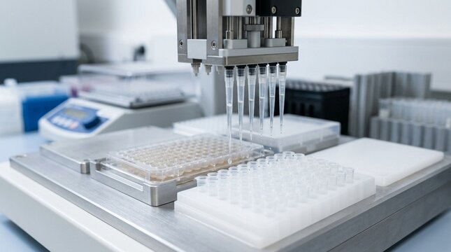 DNA extraction robot's automated pipetting head transferring tumor-tissue lysate from a sample plate into clean elution tubes