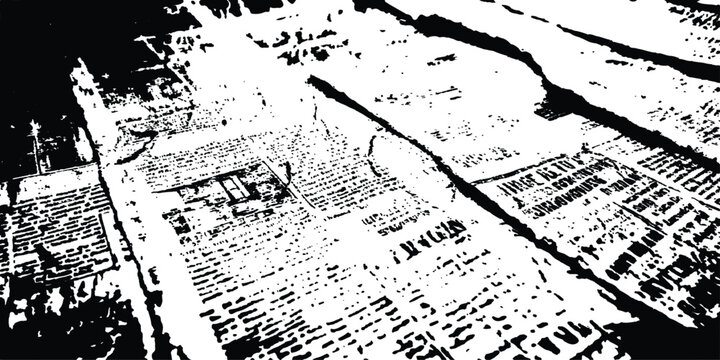 Distressed newspaper grunge texture overlay with unreadable printed text and rough black shadows vector illustration.