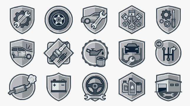 Modern Monochrome Icons Set Featuring Auto Repair Tools Car Parts and Maintenance Symbols in Grayscale