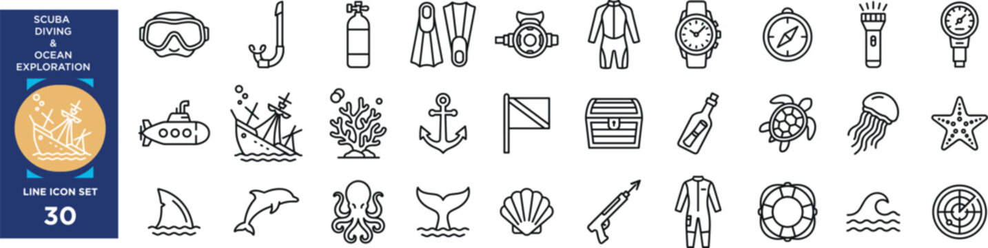 Collection of scuba diving and ocean exploration outline icons underwater adventure set.