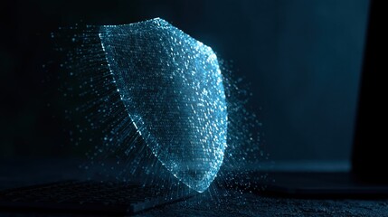 Fototapeta na wymiar Glowing digital shield hologram hovering above a laptop keyboard in a dark room, antivirus and endpoint protection concept