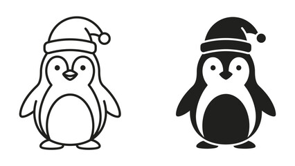 Obraz premium Festive Penguin Duo: A delightful pair of cartoon penguins, one in outline and the other in silhouette, both adorned with Santa hats, embodying the spirit of the holiday season.