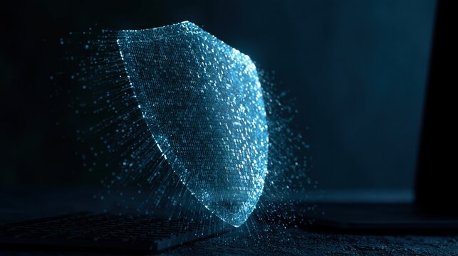 Glowing digital shield hologram hovering above a laptop keyboard in a dark room, antivirus and endpoint protection concept