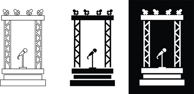 Concert Concert Stage Truss Structure with Microphone and Spotlights Icon Vector Set Featuring Outline Glyph and Inverted Graphic Styles for Event Entertainment Web Designs