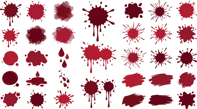 Red blood splatter puddle drip and splash vector illustrations set collection isolated on white background