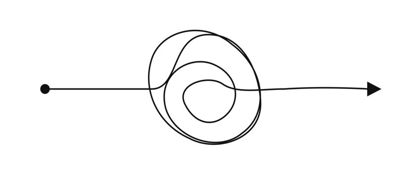 Abstract line arrow with scribble circle showing confusion to clarity concept for problem solving process and business direction