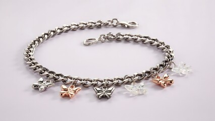Fototapeta premium Elegant Silver and Rose Gold Butterfly and Crystal Charm Bracelet on White Background