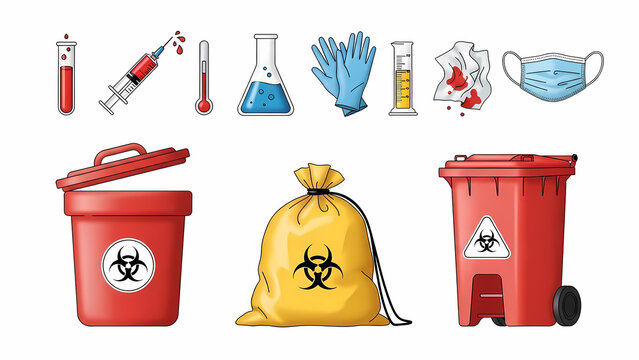 Biohazard Waste Disposal Set Medical Supplies, Gloves, Syringe, Masks, and Bins