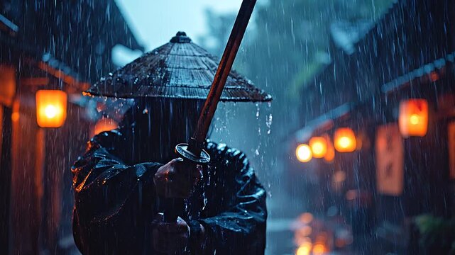 Samurai stands in the heavy rainstorm while unsheathed his sword 