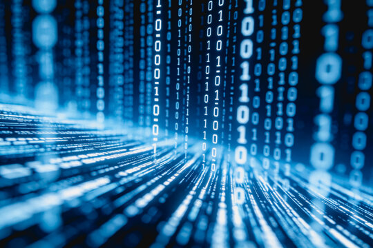 Flowing binary code streams represent digital data transmission and virtual cyberspace in a tech context.