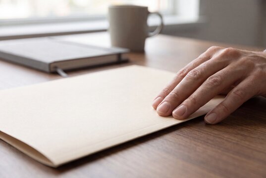 Close Up of Businessman Hand Resting on Blank Manilla Folder on Wooden Table